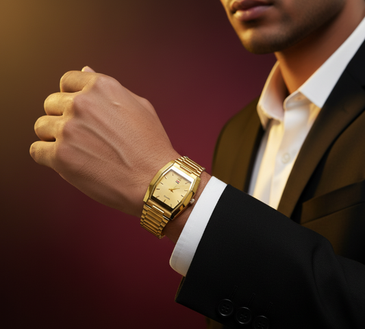 Panjatan Golden Rectangle Chain Watch for Men | Waterproof Stainless Steel Luxury Analog Timepiece | Formal & Party Wear