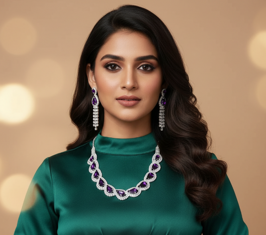 Elegant Silver Plated Jewellery Set for Women | Necklace & Earrings with Cubic Zirconia Stones | Adjustable Fit