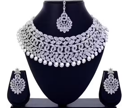 Luxury Silver-Plated CZ Jewellery Set | Rhodium Polish, Adjustable Size, Perfect for Weddings & Parties