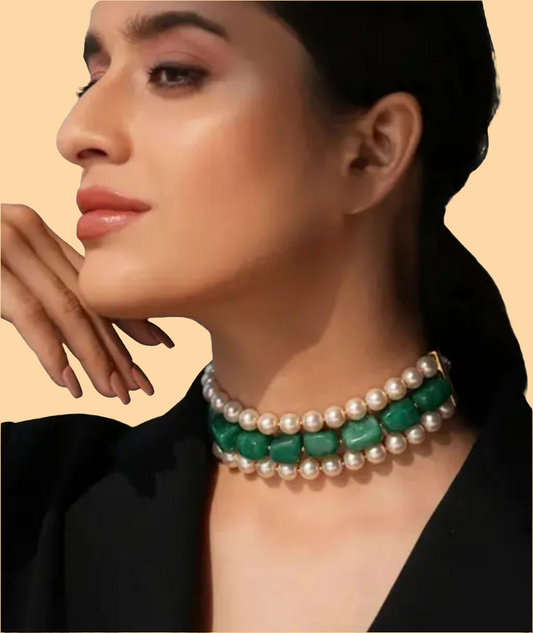 Elegant Natural Green Stone & White Beads Choker Set