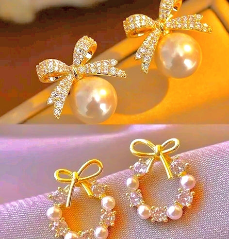 Eloria Korean Pearl Stud Earrings Combo | Gold Plated Drop Earrings
