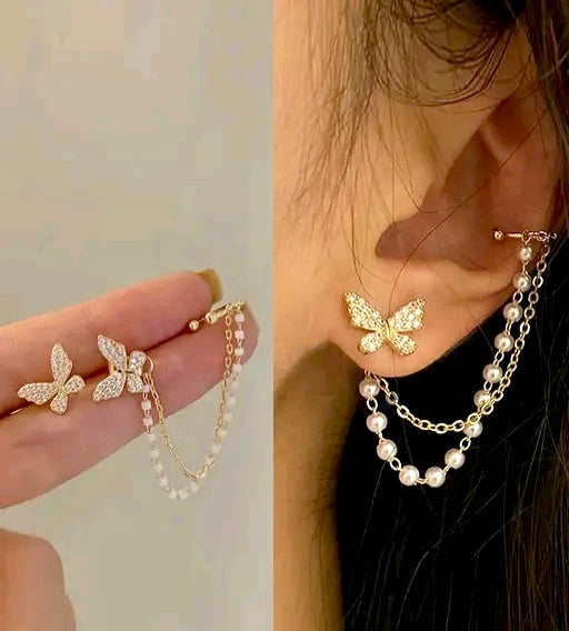 TheVineGirl Korean Pearl Chain Butterfly Ear Cuff Earrings | Gold Plated for Women/Girls
