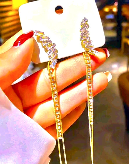 TheVineGirl Korean Crystal Tassel Drop Earrings | Gold Plated for Women & Girls