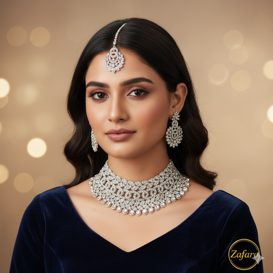 Luxury Silver-Plated CZ Jewellery Set | Rhodium Polish, Adjustable Size, Perfect for Weddings & Parties